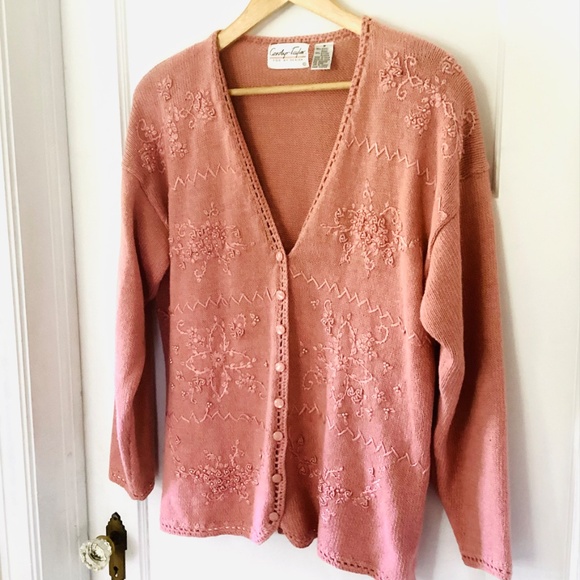 VTG 90s Carolyn Taylor Floral Embroidered beaded crochet Trim Cardigan Sweater M - Picture 3 of 16